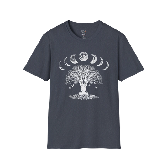 Moonlit tree silhouette with moon phase arc design — The Vault collection by Ramro Yoga Wear — Heather Navy