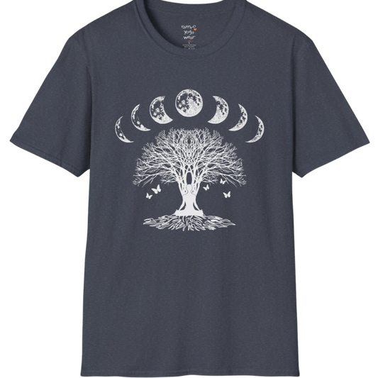 Moonlit tree silhouette with moon phase arc design — The Vault collection by Ramro Yoga Wear — Heather Navy