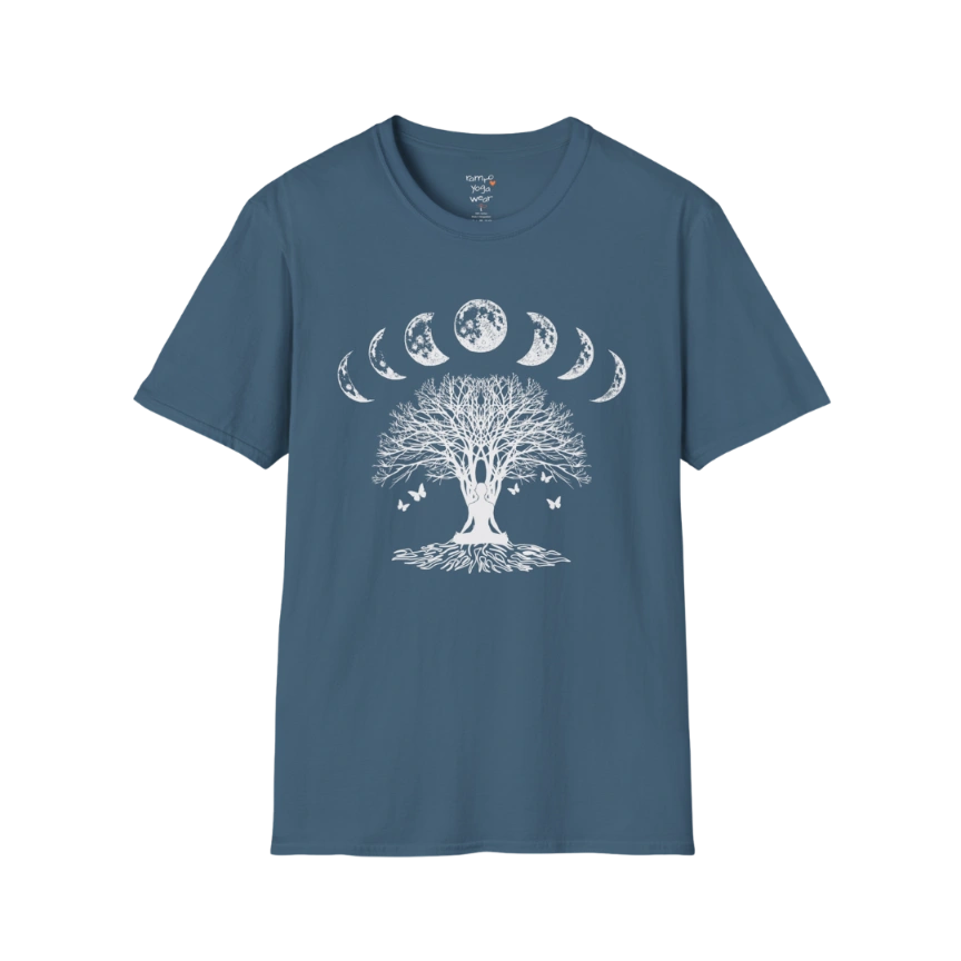 Moonlit tree silhouette with moon phase arc design — The Vault collection by Ramro Yoga Wear — Indigo Blue