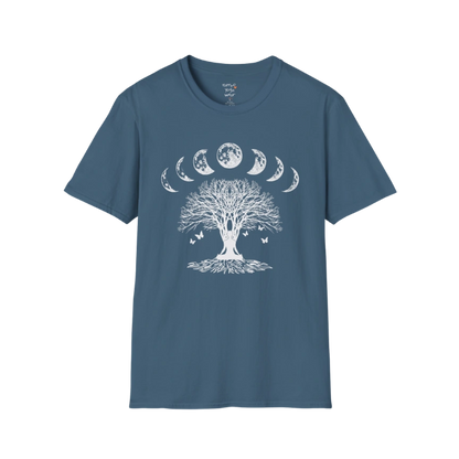 Moonlit tree silhouette with moon phase arc design — The Vault collection by Ramro Yoga Wear — Indigo Blue