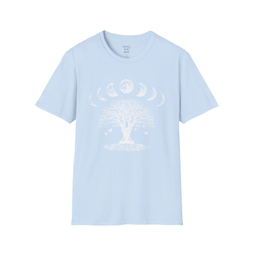 Moonlit tree silhouette with moon phase arc design — The Vault collection by Ramro Yoga Wear — Light Blue