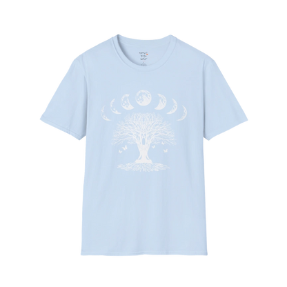 Moonlit tree silhouette with moon phase arc design — The Vault collection by Ramro Yoga Wear — Light Blue