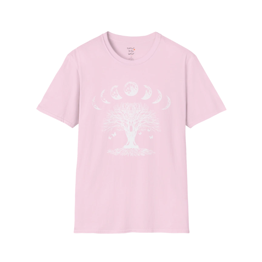 Moonlit tree silhouette with moon phase arc design — The Vault collection by Ramro Yoga Wear — Light Pink