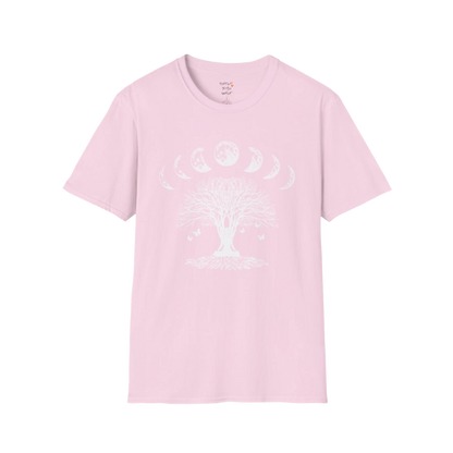 Moonlit tree silhouette with moon phase arc design — The Vault collection by Ramro Yoga Wear — Light Pink