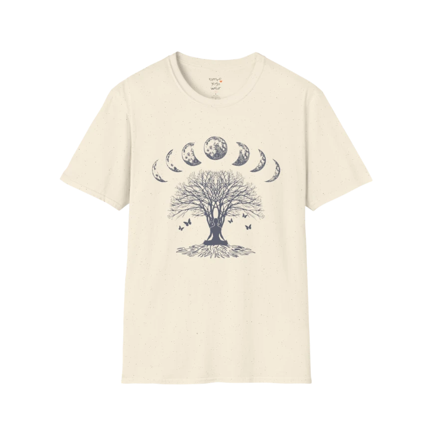 Moonlit tree silhouette with moon phase arc design — The Vault collection by Ramro Yoga Wear — Natural