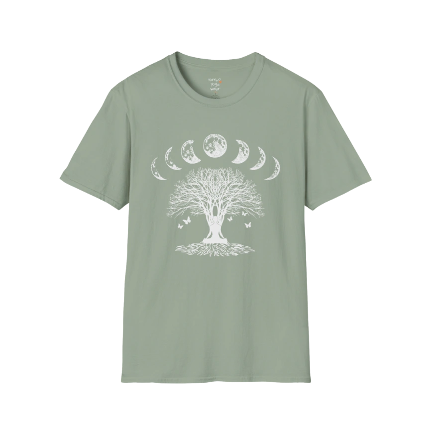 Moonlit tree silhouette with moon phase arc design — The Vault collection by Ramro Yoga Wear — Sage