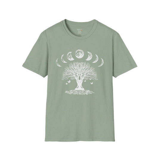 Sage Moon Forest T-Shirt featuring moonlit forest and botanical artwork with calming mindful energy.