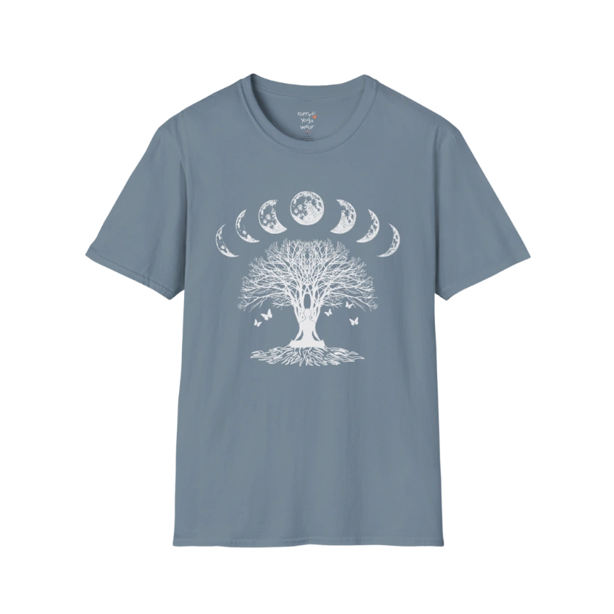 Moonlit tree silhouette with moon phase arc design — The Vault collection by Ramro Yoga Wear — Stone Blue