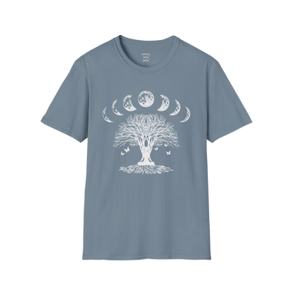 Moonlit tree silhouette with moon phase arc design — The Vault collection by Ramro Yoga Wear — Stone Blue