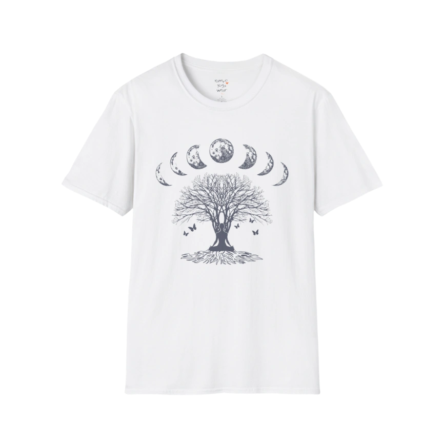 Moonlit tree silhouette with moon phase arc design — The Vault collection by Ramro Yoga Wear — White