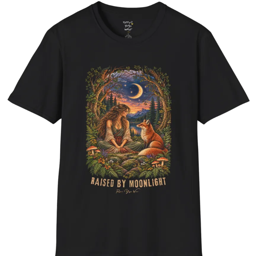A short sleeved tee called the Moonlight T-Shirt, flat lay and a Gildan 64000 shirt. Simply says, Raised By Moonlight. Design highlights a woman sitting cross-legged in a moonlit forest clearing with a fox beside her, surrounded by mushrooms and ferns, in a full-color painted illustration style. Color is Black.