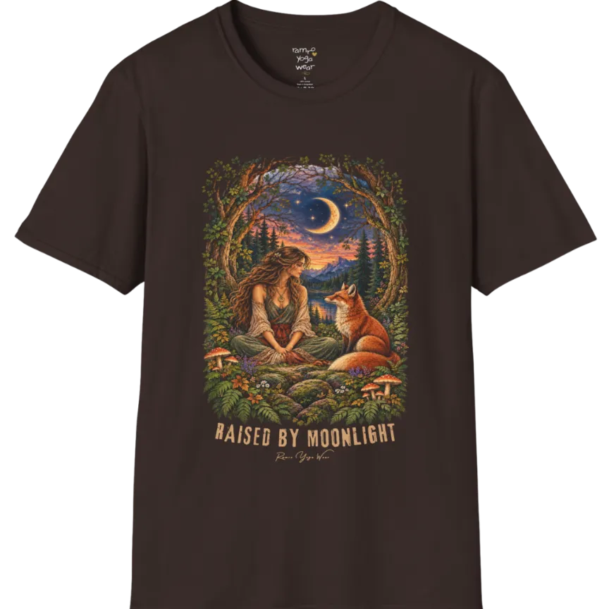 A short sleeved tee called the Moonlight T-Shirt, flat lay and a Gildan 64000 shirt. Simply says, Raised By Moonlight. Design highlights a woman sitting cross-legged in a moonlit forest clearing with a fox beside her, surrounded by mushrooms and ferns, in a full-color painted illustration style. Color is Dark Chocolate.