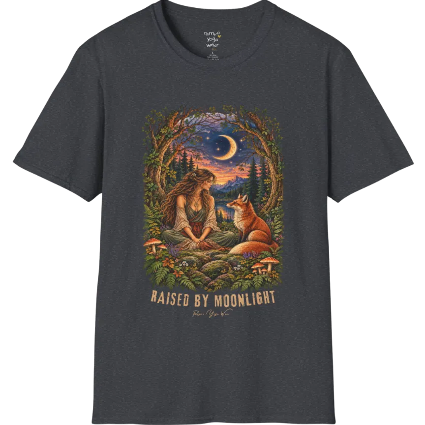 A short sleeved tee called the Moonlight T-Shirt, flat lay and a Gildan 64000 shirt. Simply says, Raised By Moonlight. Design highlights a woman sitting cross-legged in a moonlit forest clearing with a fox beside her, surrounded by mushrooms and ferns, in a full-color painted illustration style. Color is Dark Heather Grey.