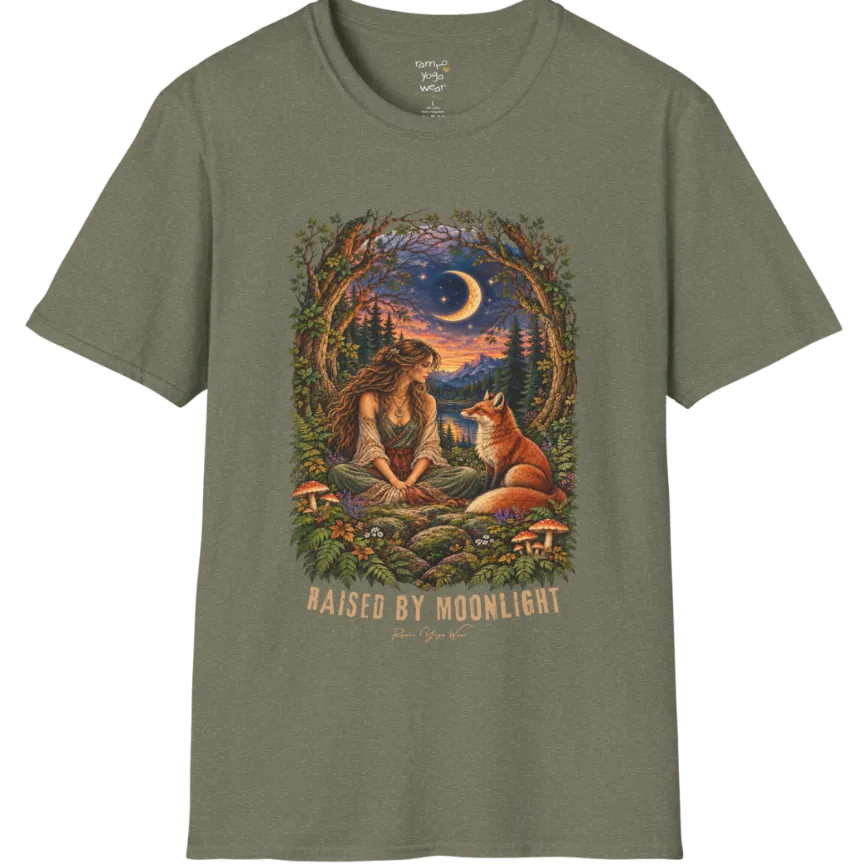 A short sleeved tee called the Moonlight T-Shirt, flat lay and a Gildan 64000 shirt. Simply says, Raised By Moonlight. Design highlights a woman sitting cross-legged in a moonlit forest clearing with a fox beside her, surrounded by mushrooms and ferns, in a full-color painted illustration style. Color is Heather Military Green.