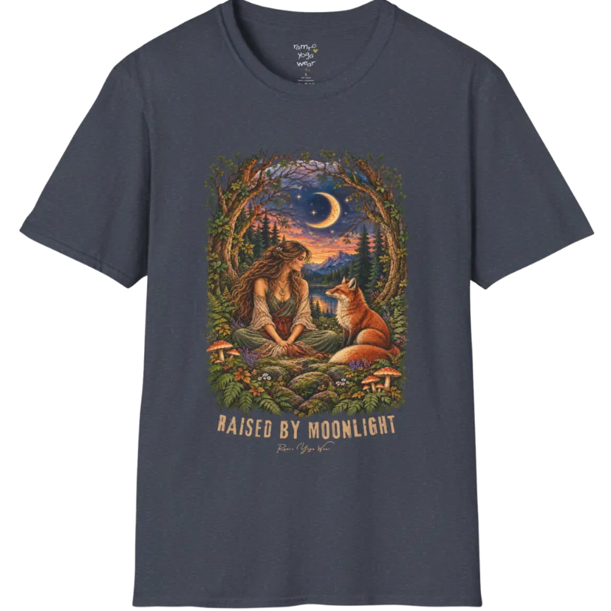 A short sleeved tee called the Moonlight T-Shirt, flat lay and a Gildan 64000 shirt. Simply says, Raised By Moonlight. Design highlights a woman sitting cross-legged in a moonlit forest clearing with a fox beside her, surrounded by mushrooms and ferns, in a full-color painted illustration style. Color is Heather Navy.