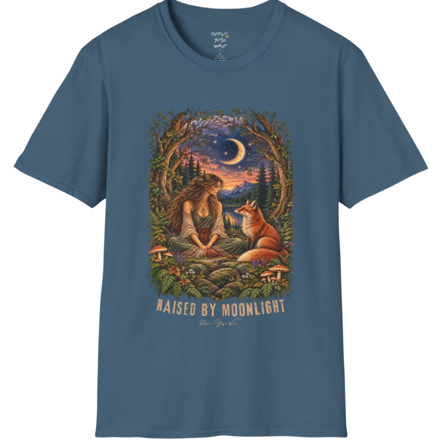 A short sleeved tee called the Moonlight T-Shirt, flat lay and a Gildan 64000 shirt. Simply says, Raised By Moonlight. Design highlights a woman sitting cross-legged in a moonlit forest clearing with a fox beside her, surrounded by mushrooms and ferns, in a full-color painted illustration style. Color is Indigo Blue.