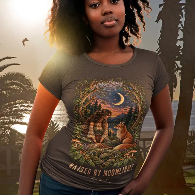 A short sleeved tee called the Moonlight T-Shirt, worn on a model smiling softly in front of palm trees at sunset with the ocean visible in the background. Simply says, Raised By Moonlight. Design highlights a woman sitting cross-legged in a moonlit forest clearing with a fox beside her, surrounded by mushrooms and ferns, in a full-color painted illustration style. Color is Dark Chocolate.