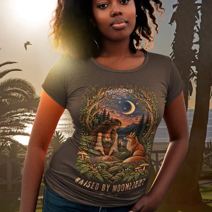 A short sleeved tee called the Moonlight T-Shirt, worn on a model smiling softly in front of palm trees at sunset with the ocean visible in the background. Simply says, Raised By Moonlight. Design highlights a woman sitting cross-legged in a moonlit forest clearing with a fox beside her, surrounded by mushrooms and ferns, in a full-color painted illustration style. Color is Dark Chocolate.