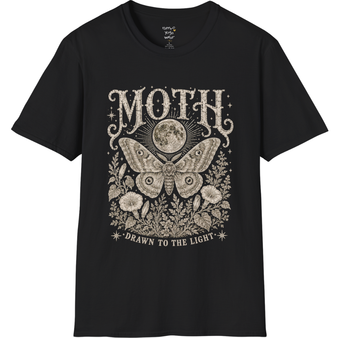Ramro Yoga Wear Moth tee in Black — moth moon botanical vintage engraving, flat lay product shot