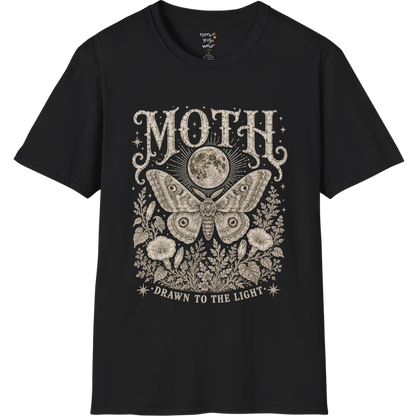 Ramro Yoga Wear Moth tee in Black — moth moon botanical vintage engraving, flat lay product shot
