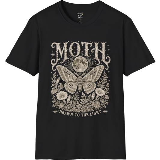 Ramro Yoga Wear Moth tee in Black — moth moon botanical vintage engraving, flat lay product shot