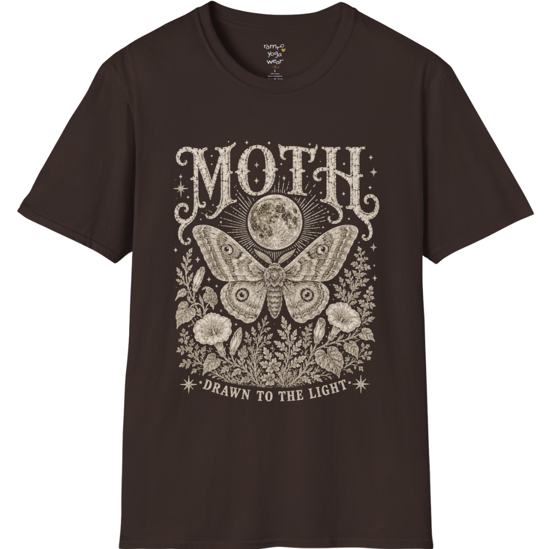 Ramro Yoga Wear Moth tee in Dark Chocolate — moth moon botanical vintage engraving, flat lay product shot
