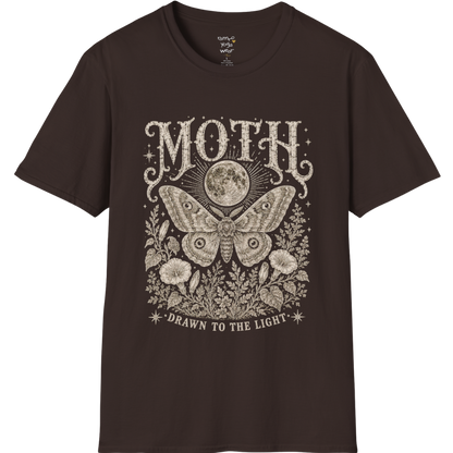 Ramro Yoga Wear Moth tee in Dark Chocolate — moth moon botanical vintage engraving, flat lay product shot