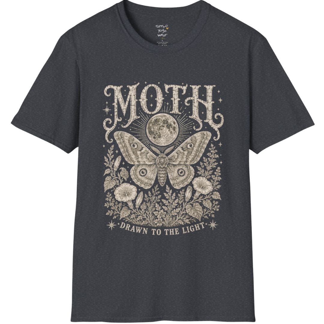 Ramro Yoga Wear Moth tee in Dark Heather Grey — moth moon botanical vintage engraving, flat lay product shot