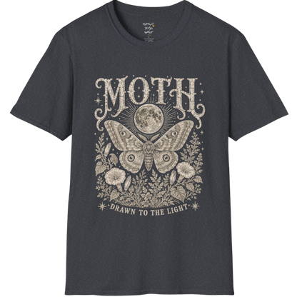 Ramro Yoga Wear Moth tee in Dark Heather Grey — moth moon botanical vintage engraving, flat lay product shot