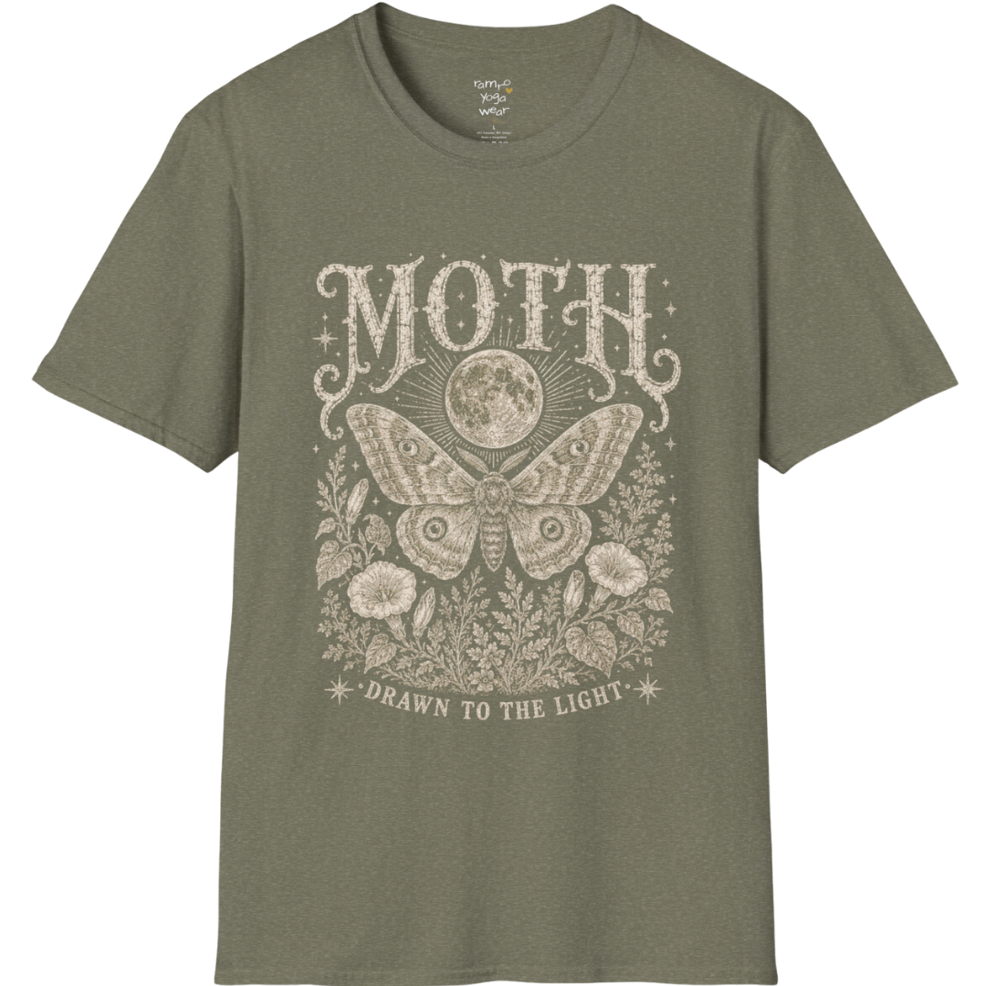 Ramro Yoga Wear Moth tee in Heather Military Green — moth moon botanical vintage engraving, flat lay product shot
