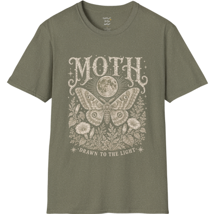 Ramro Yoga Wear Moth tee in Heather Military Green — moth moon botanical vintage engraving, flat lay product shot
