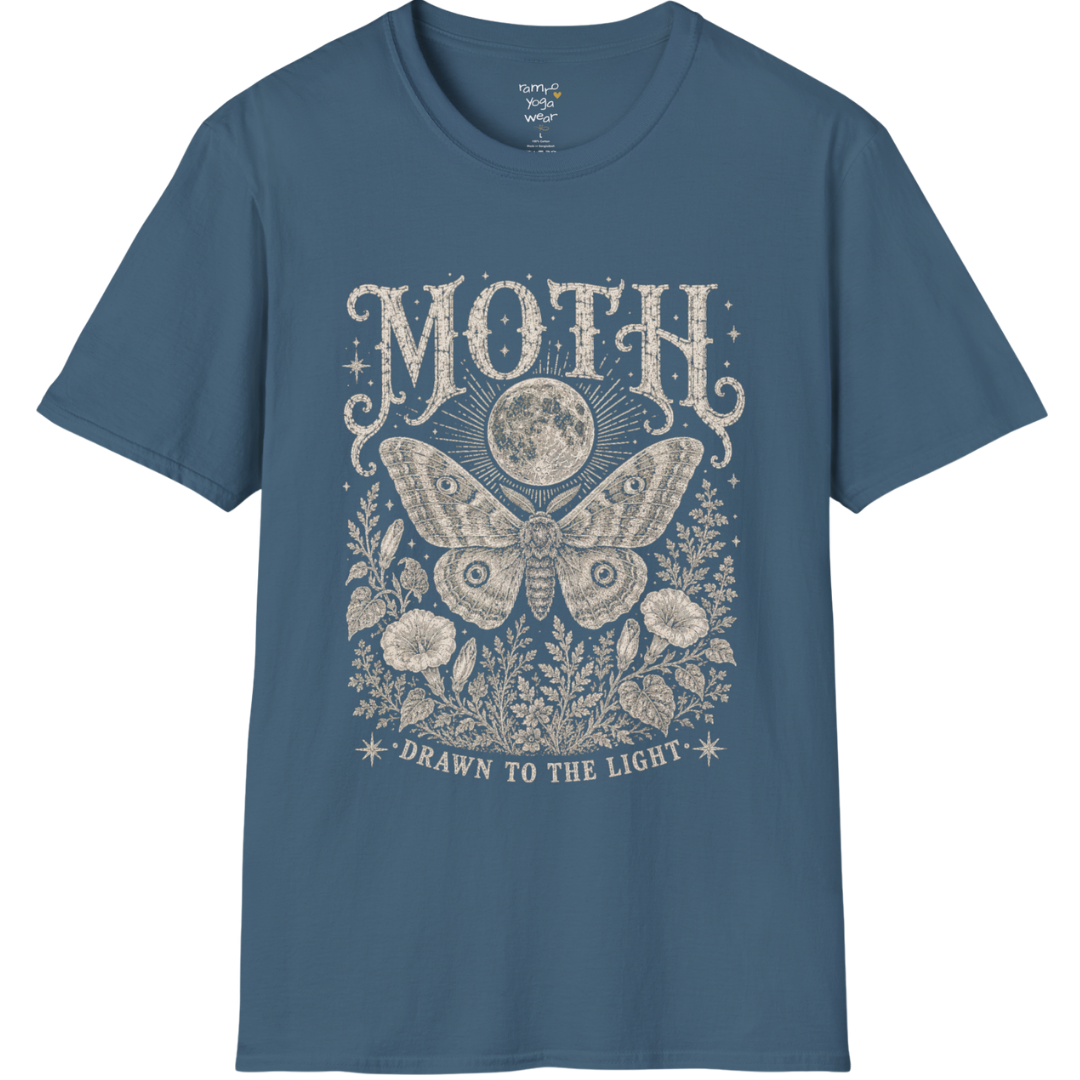 Ramro Yoga Wear Moth tee in Indigo Blue — moth moon botanical vintage engraving, flat lay product shot