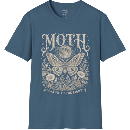 Ramro Yoga Wear Moth tee in Indigo Blue — moth moon botanical vintage engraving, flat lay product shot