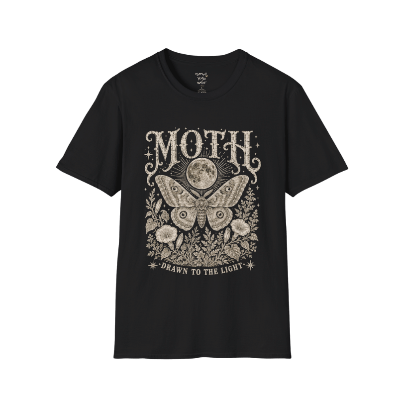 Ramro Yoga Wear Moth tee in Black — moth moon botanical vintage engraving, flat lay product shot