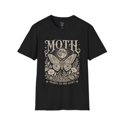 Ramro Yoga Wear Moth tee in Black — moth moon botanical vintage engraving, flat lay product shot