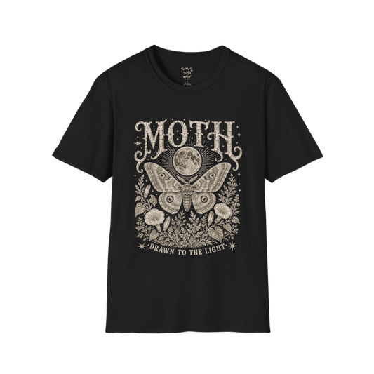 Ramro Yoga Wear Moth tee in Black — moth moon botanical vintage engraving, flat lay product shot