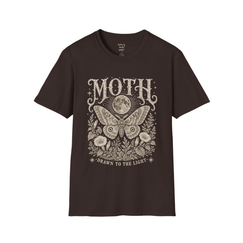 Ramro Yoga Wear Moth tee in Dark Chocolate — moth moon botanical vintage engraving, flat lay product shot