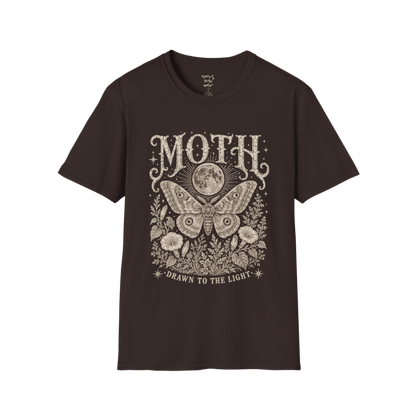 Ramro Yoga Wear Moth tee in Dark Chocolate — moth moon botanical vintage engraving, flat lay product shot