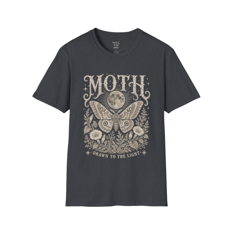 Ramro Yoga Wear Moth tee in Dark Heather Grey — moth moon botanical vintage engraving, flat lay product shot