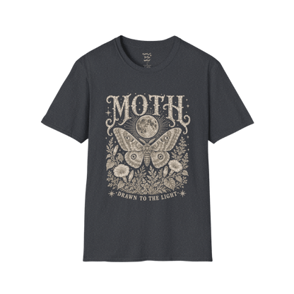 Ramro Yoga Wear Moth tee in Dark Heather Grey — moth moon botanical vintage engraving, flat lay product shot