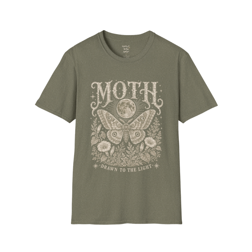 Ramro Yoga Wear Moth tee in Heather Military Green — moth moon botanical vintage engraving, flat lay product shot