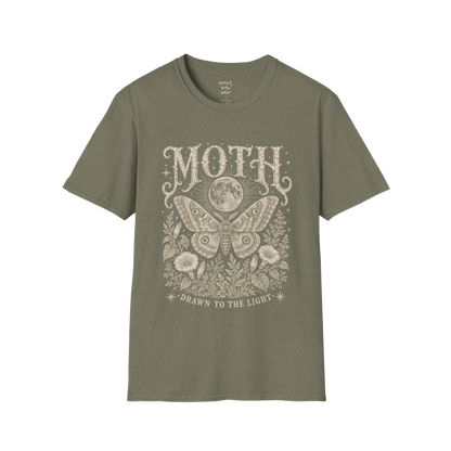 Ramro Yoga Wear Moth tee in Heather Military Green — moth moon botanical vintage engraving, flat lay product shot