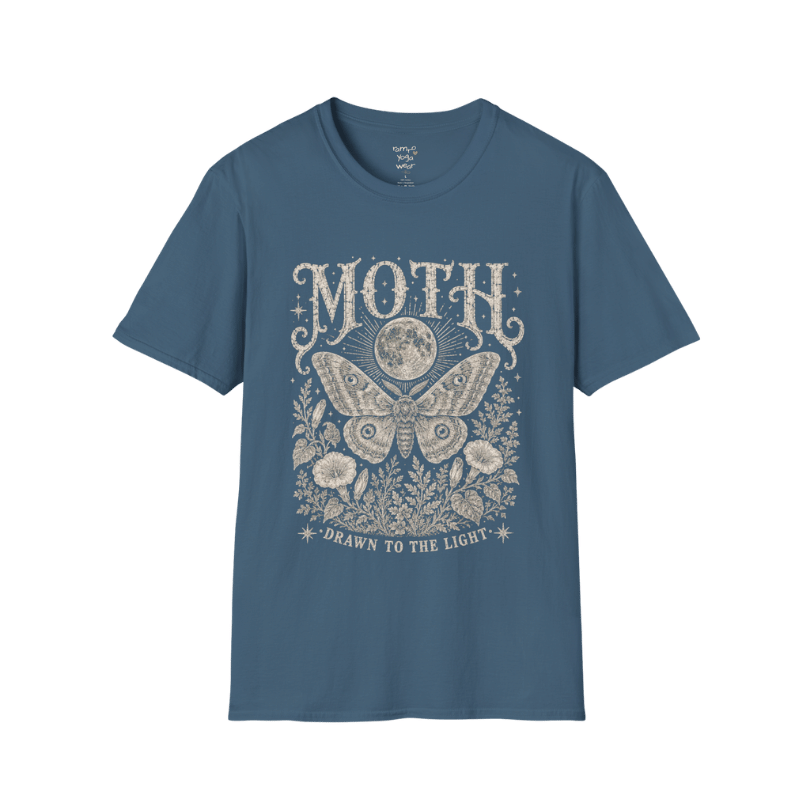 Ramro Yoga Wear Moth tee in Indigo Blue — moth moon botanical vintage engraving, flat lay product shot