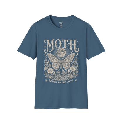 Ramro Yoga Wear Moth tee in Indigo Blue — moth moon botanical vintage engraving, flat lay product shot