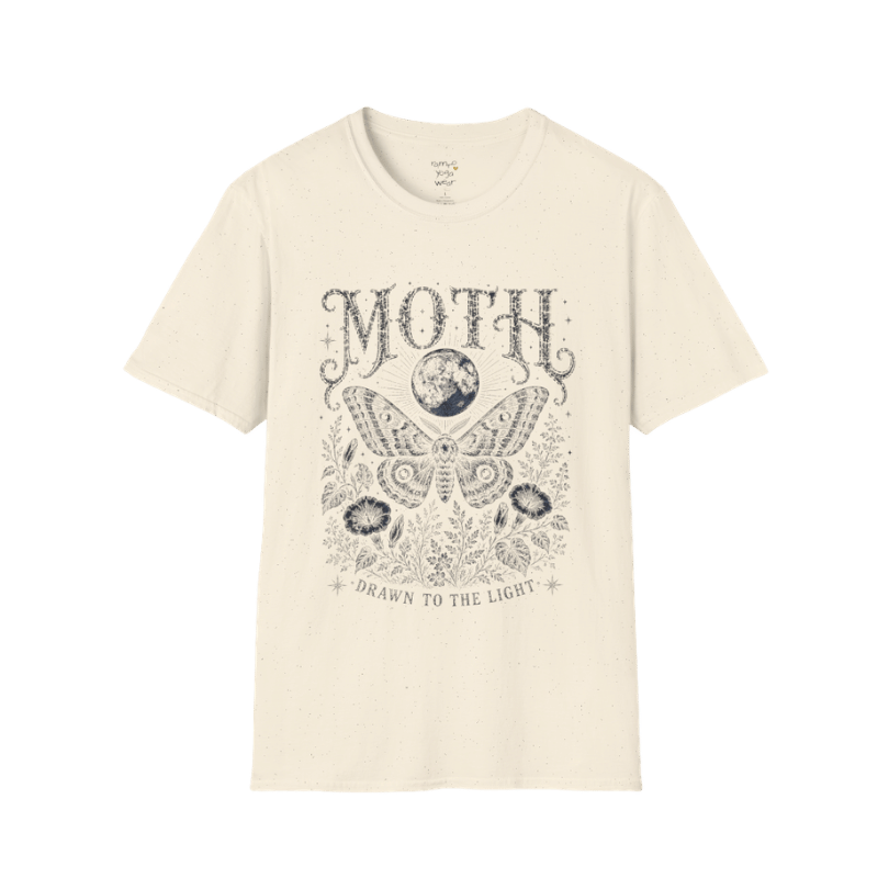 Ramro Yoga Wear Moth tee in Natural — moth moon botanical vintage engraving, flat lay product shot