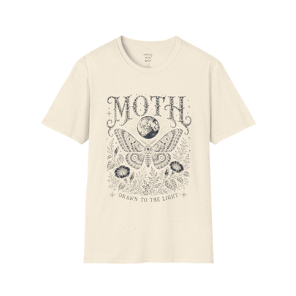 Ramro Yoga Wear Moth tee in Natural — moth moon botanical vintage engraving, flat lay product shot