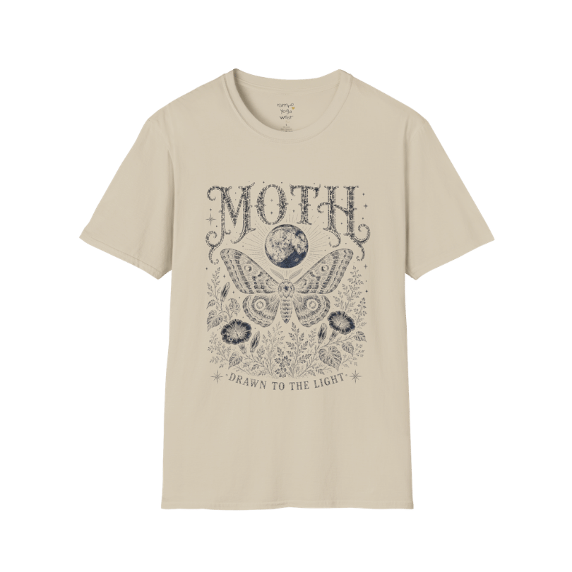 Ramro Yoga Wear Moth tee in Sand — moth moon botanical vintage engraving, flat lay product shot