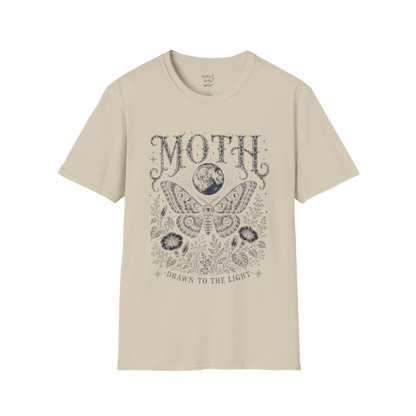 Ramro Yoga Wear Moth tee in Sand — moth moon botanical vintage engraving, flat lay product shot