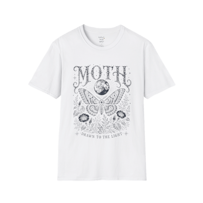 Ramro Yoga Wear Moth tee in White — moth moon botanical vintage engraving, flat lay product shot