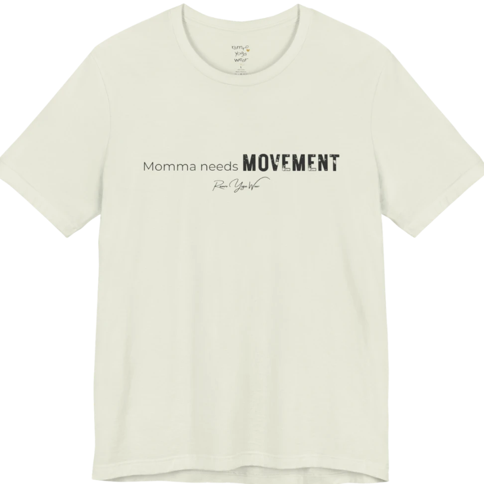 A typographic grunge tee reading "Momma needs MOVEMENT" in mixed plain and bold worn lettering — Funny Yoga Shirts collection by Ramro Yoga Wear in Citron.